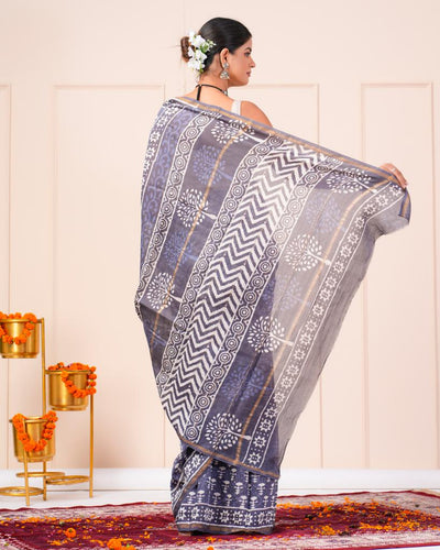 Chanderi Silk Bagru Print Saree with Zari Border ( CS2319 )