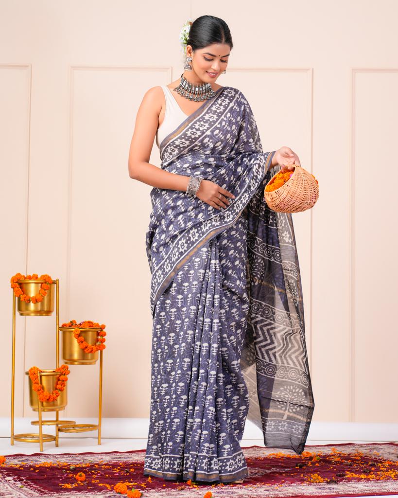 Chanderi Silk Bagru Print Saree with Zari Border ( CS2319 )