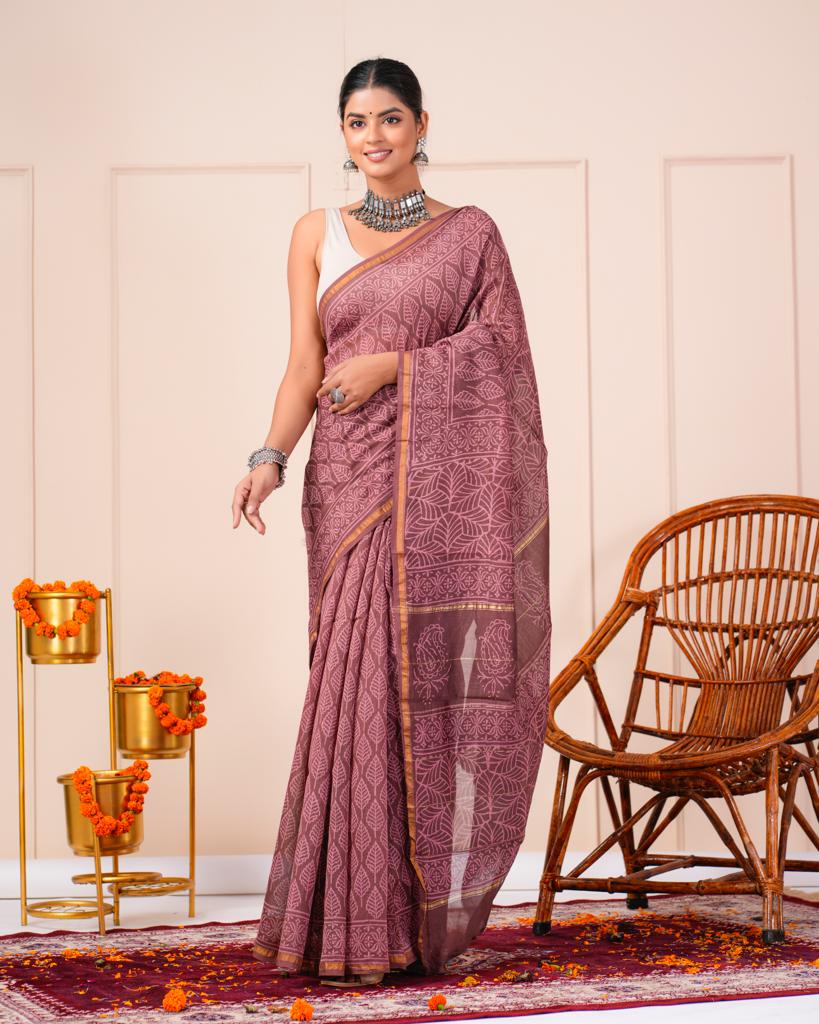 Chanderi Silk Bagru Print Saree with Zari Border ( CS2307 )