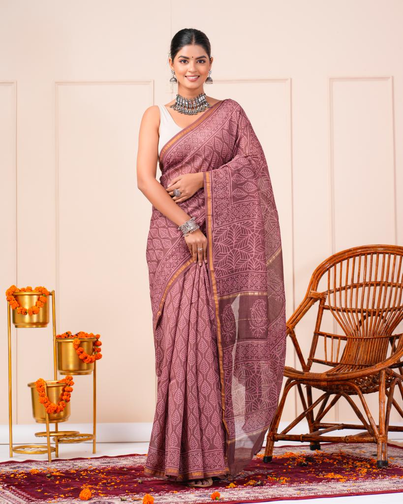 Chanderi Silk Bagru Print Saree with Zari Border ( CS2307 )