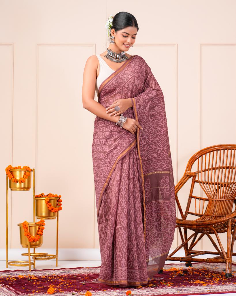 Chanderi Silk Bagru Print Saree with Zari Border ( CS2307 )