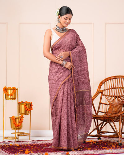 Chanderi Silk Bagru Print Saree with Zari Border ( CS2307 )