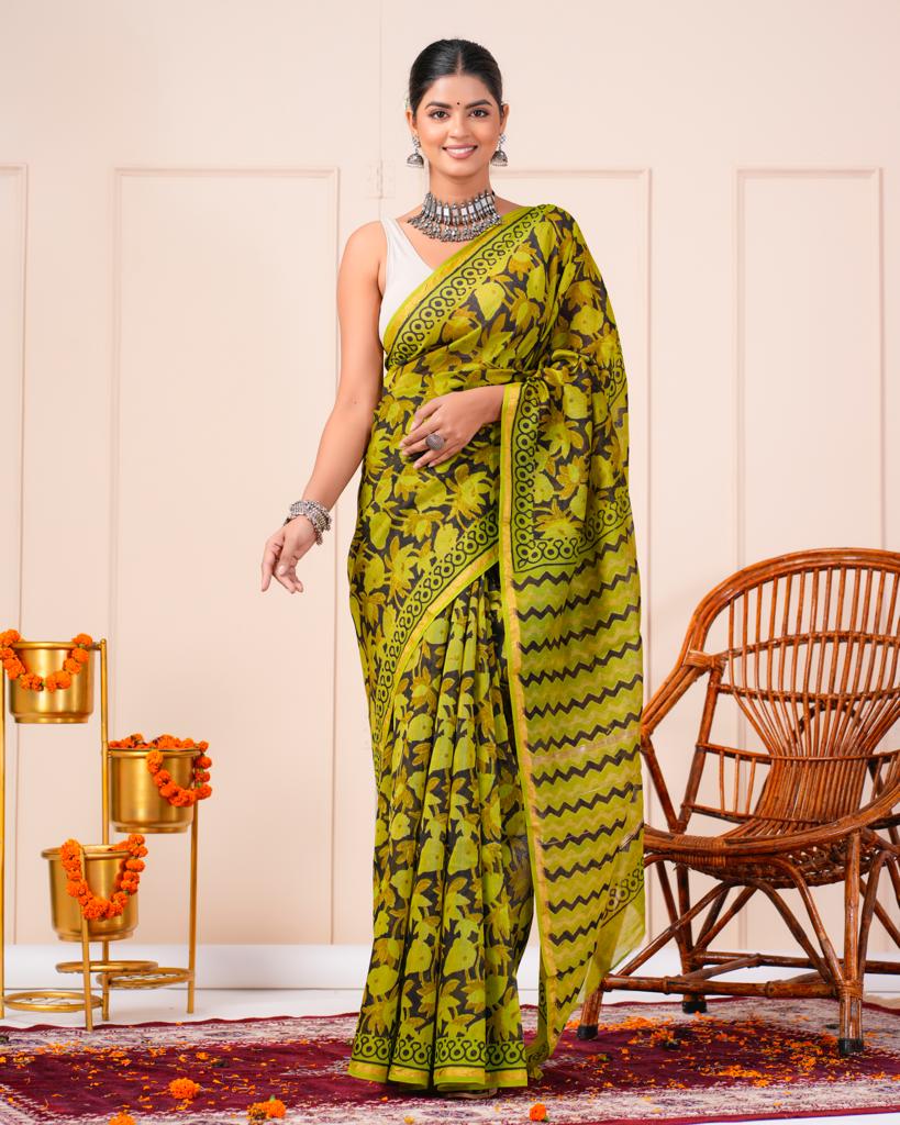 Chanderi Silk Bagru Print Saree with Zari Border ( CS2324 )