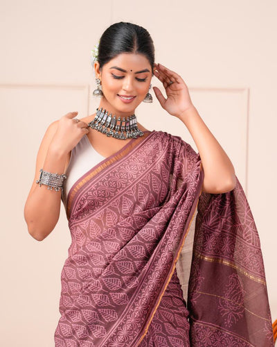 Chanderi Silk Bagru Print Saree with Zari Border ( CS2307 )