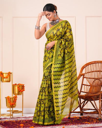 Chanderi Silk Bagru Print Saree with Zari Border ( CS2324 )