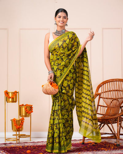 Chanderi Silk Bagru Print Saree with Zari Border ( CS2324 )