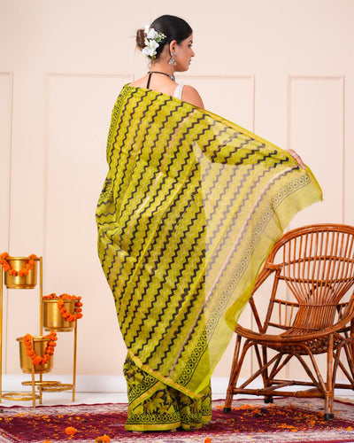 Chanderi Silk Bagru Print Saree with Zari Border ( CS2324 )