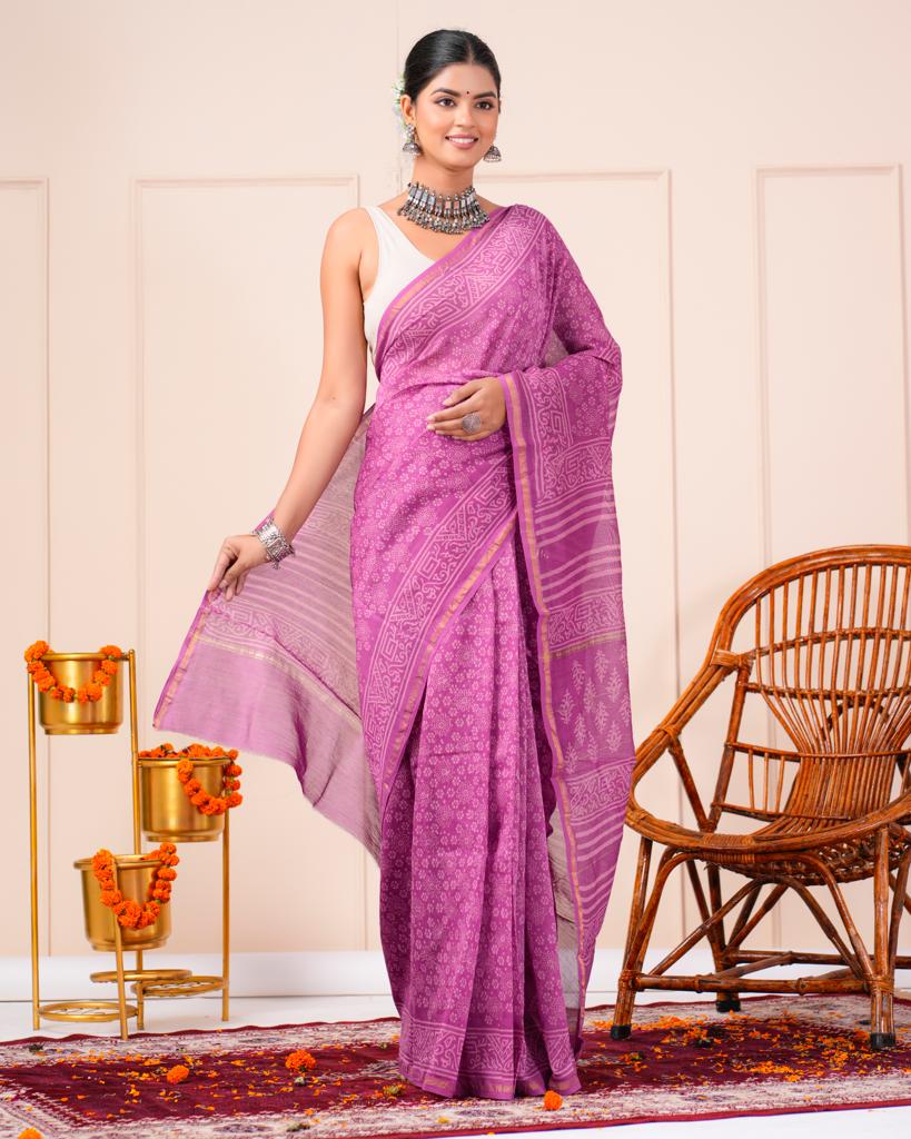 Chanderi Silk Bagru Print Saree with Zari Border ( CS2306 )