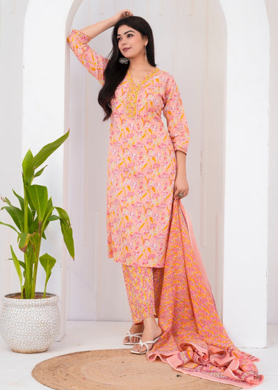 ETHNIC FLORAL PEACH STITCHED COTTON SUIT WITH COTTON DUPATTA ( CT1005 )