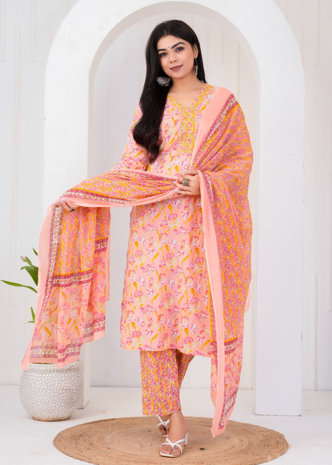 ETHNIC FLORAL PEACH STITCHED COTTON SUIT WITH COTTON DUPATTA ( CT1005 )