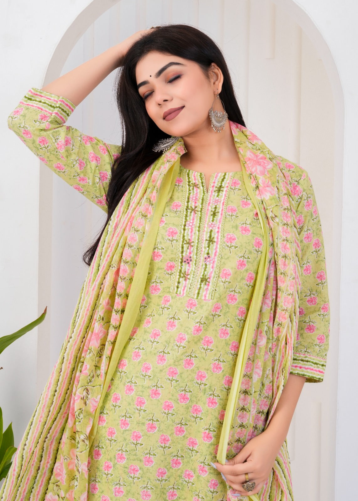 ETHNIC FLORAL TEA GREEN STITCHED COTTON SUIT WITH COTTON DUPATTA ( CT1007 )