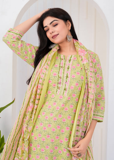ETHNIC FLORAL TEA GREEN STITCHED COTTON SUIT WITH COTTON DUPATTA ( CT1007 )