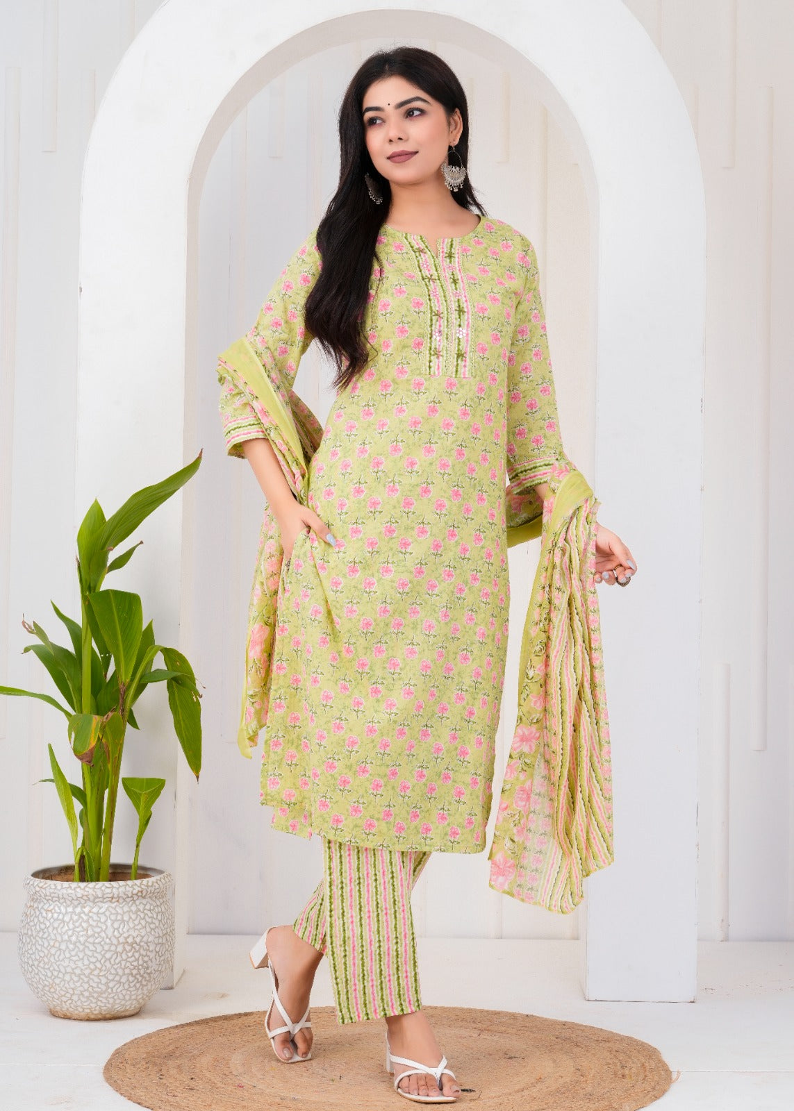 ETHNIC FLORAL TEA GREEN STITCHED COTTON SUIT WITH COTTON DUPATTA ( CT1007 )