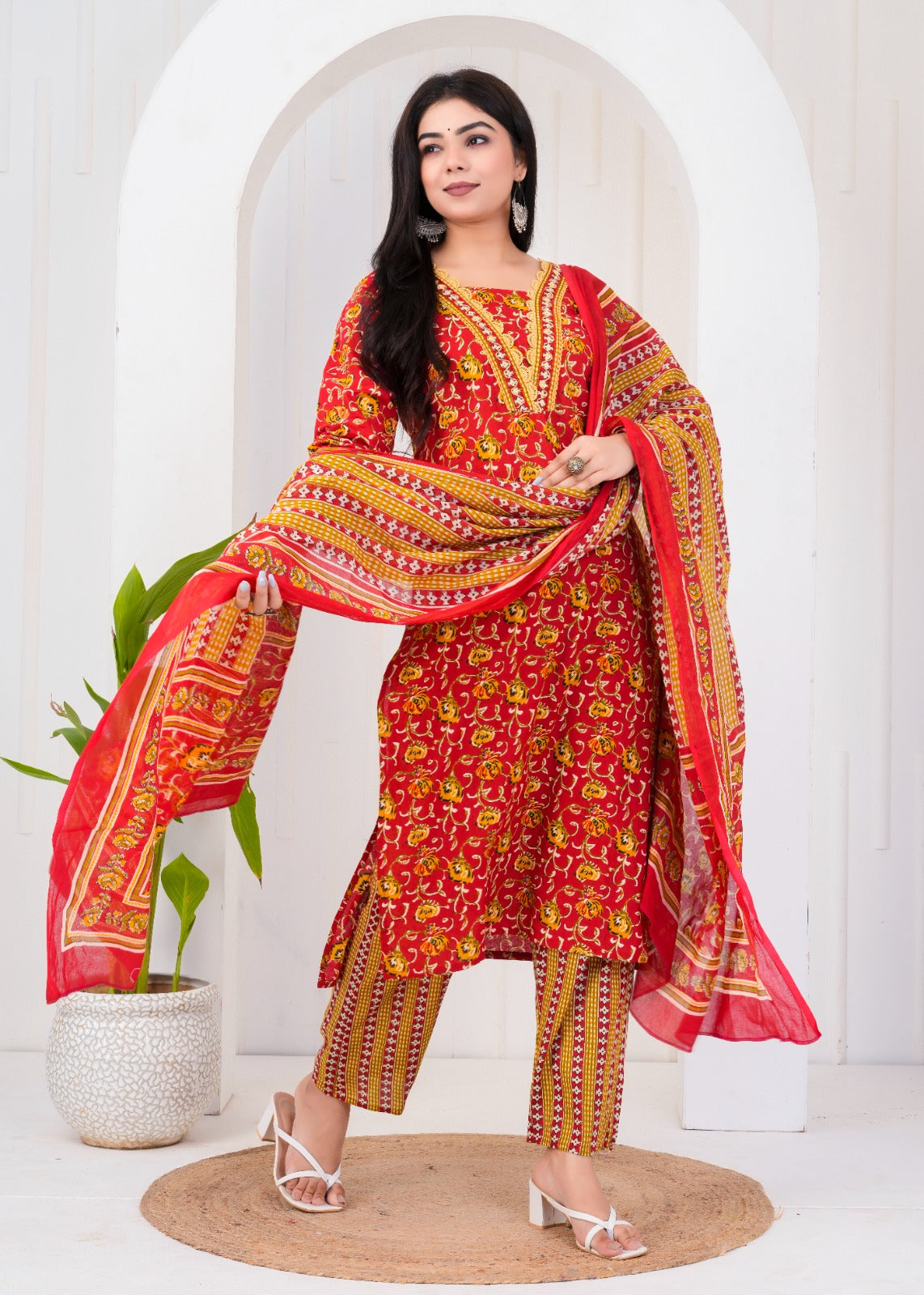 ETHNIC FLORAL RED STITCHED COTTON SUIT WITH COTTON DUPATTA ( CT1010 )