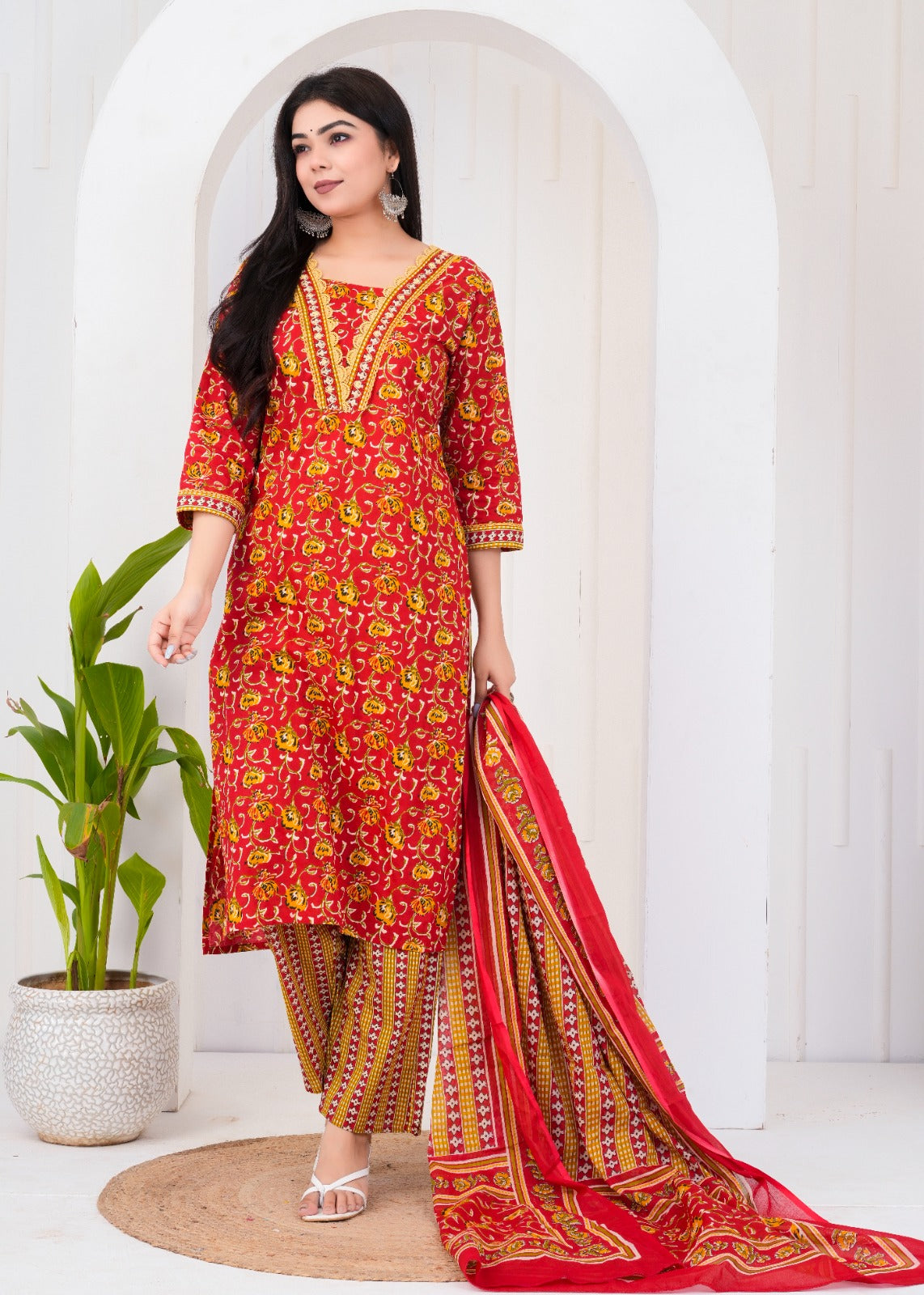 ETHNIC FLORAL RED STITCHED COTTON SUIT WITH COTTON DUPATTA ( CT1010 )