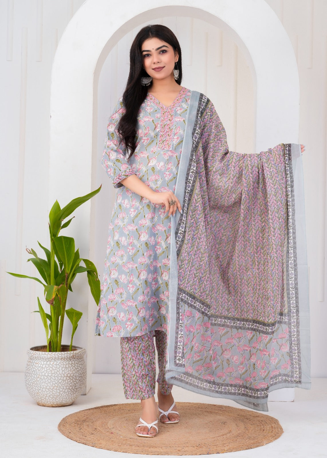 ETHNIC FLORAL GREY BEIGE STITCHED COTTON SUIT WITH COTTON DUPATTA ( CT1004 )