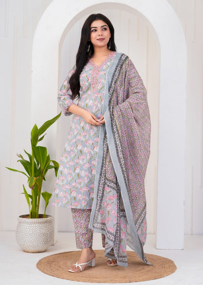 ETHNIC FLORAL GREY BEIGE STITCHED COTTON SUIT WITH COTTON DUPATTA ( CT1004 )