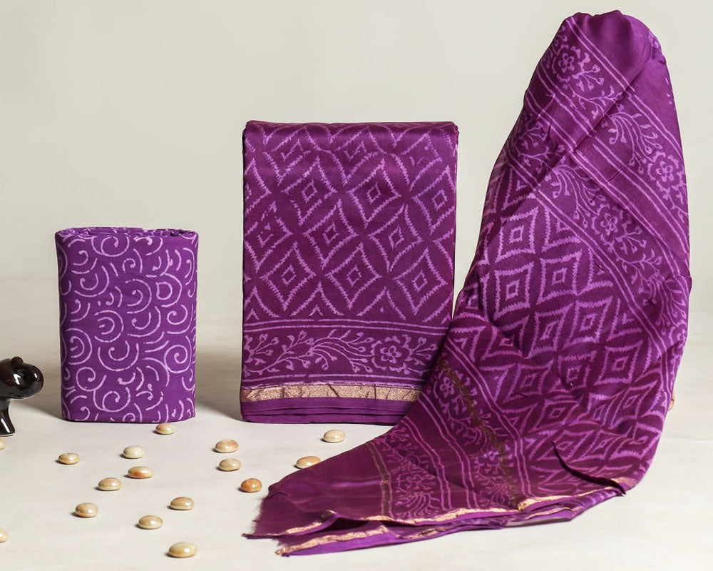 Exclusive Hand Block Print Chanderi Silk Suit Set ( CN090308)