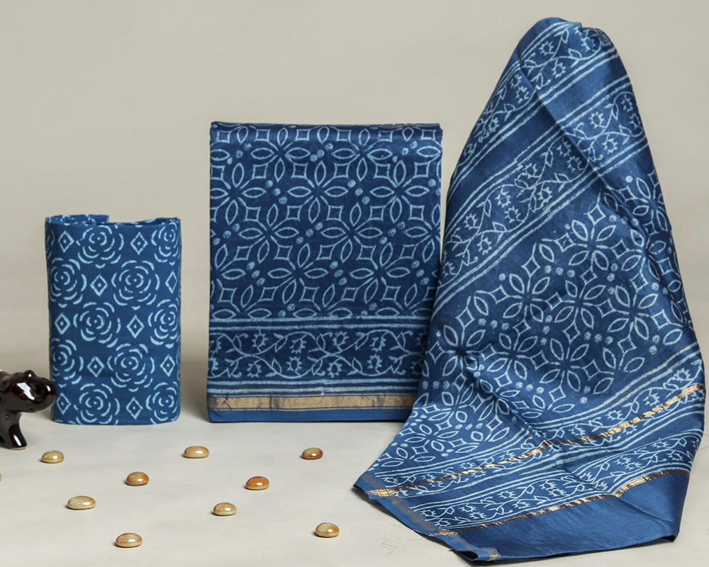 Exclusive Hand Block Print Chanderi Silk Suit Set ( BTSJ 1120 )