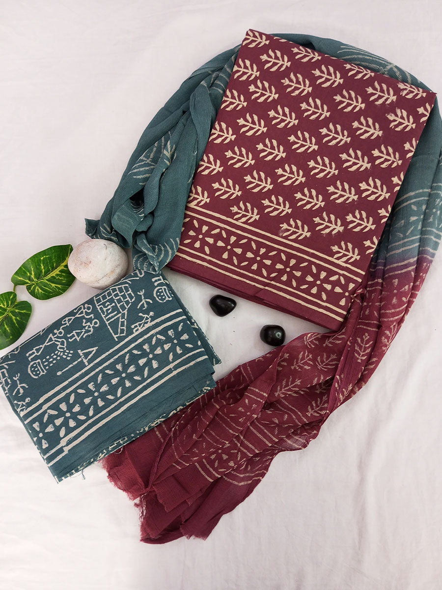 Cotton Suit Set with Chiffon Dupatta ( CH42013)