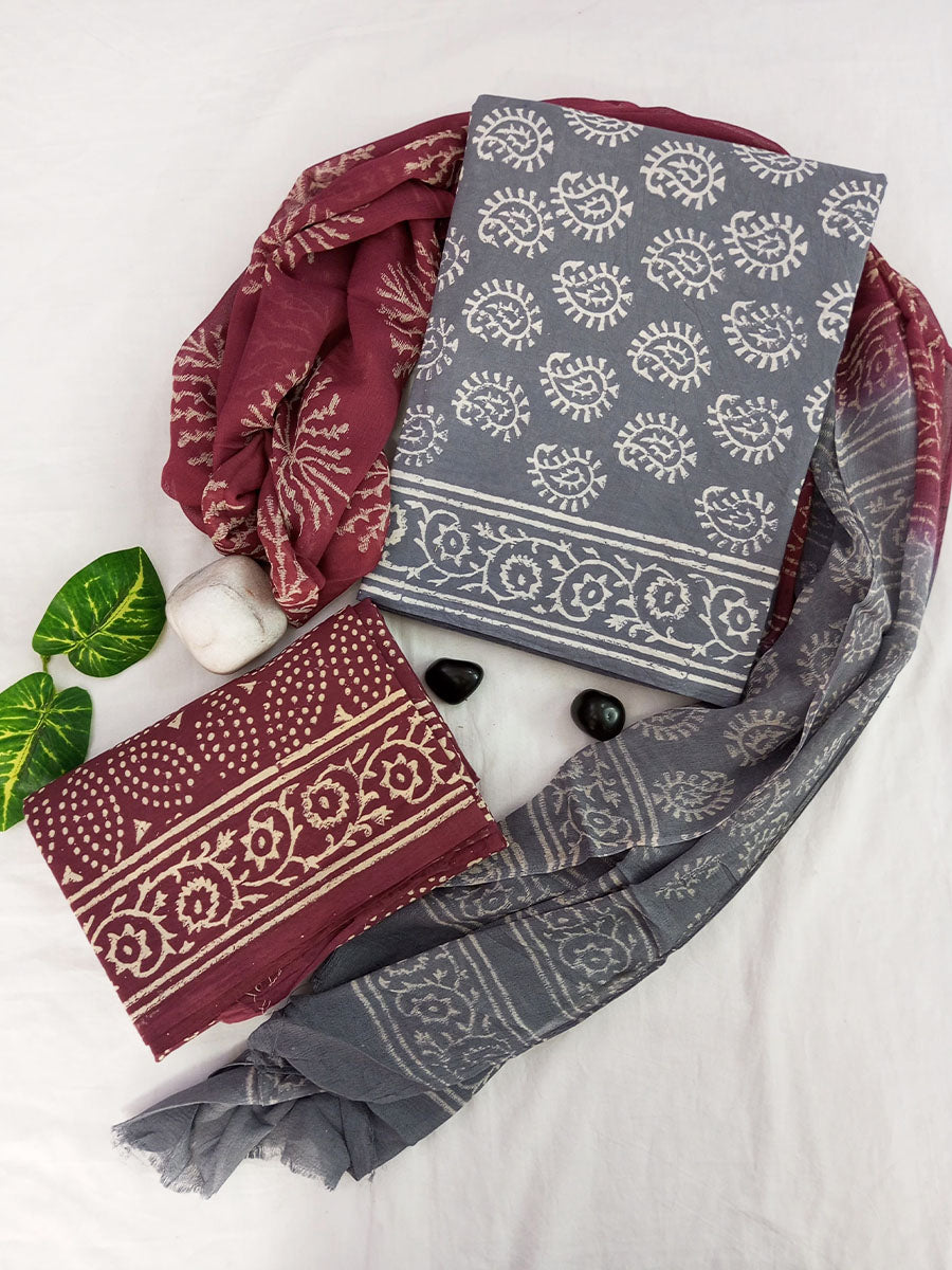 Cotton Suit Set with Chiffon Dupatta ( CH42003)