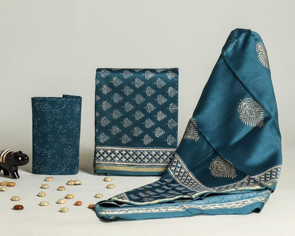 Exclusive Hand Block Print Chanderi Silk Suit Set ( CN24402)