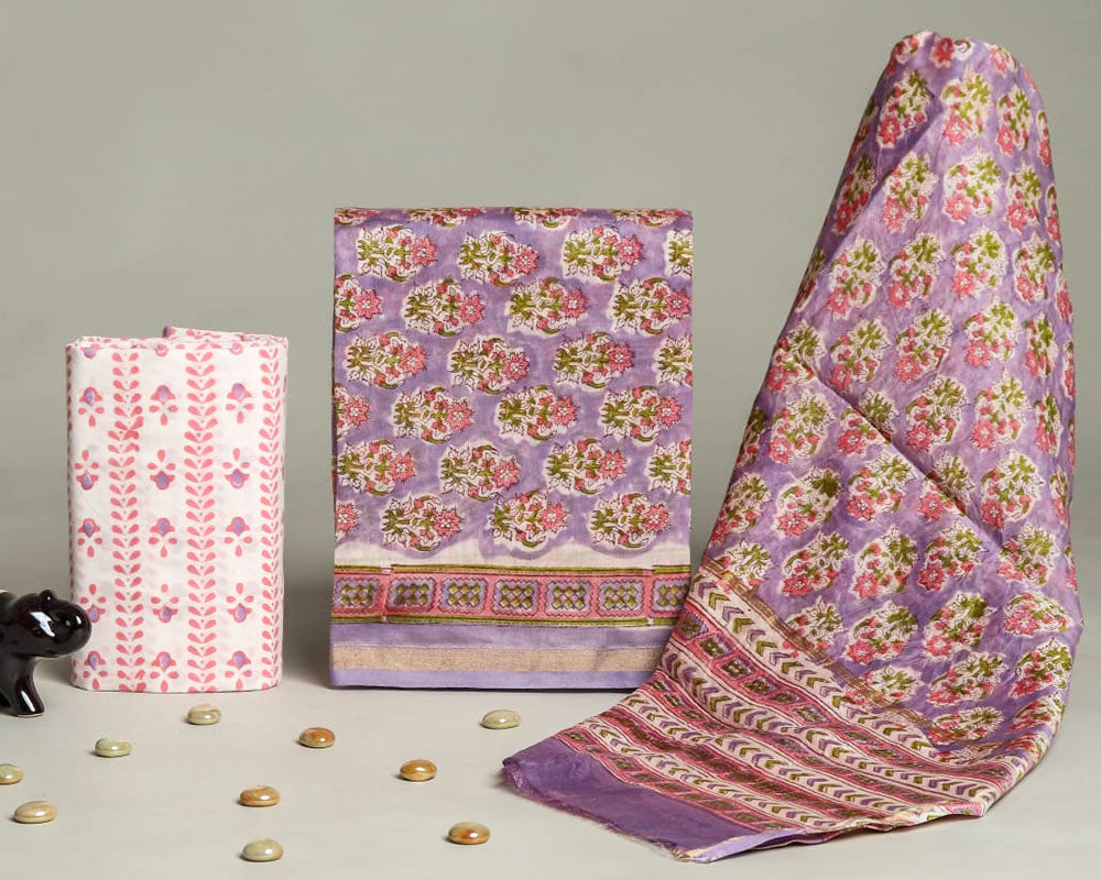 Exclusive Hand Block Print Chanderi Silk Suit Set ( CN120504)
