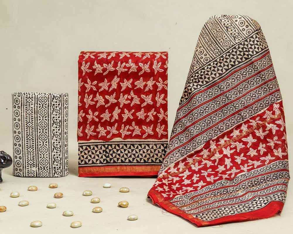 Exclusive Hand Block Print Chanderi Silk Suit Set ( CN25410)