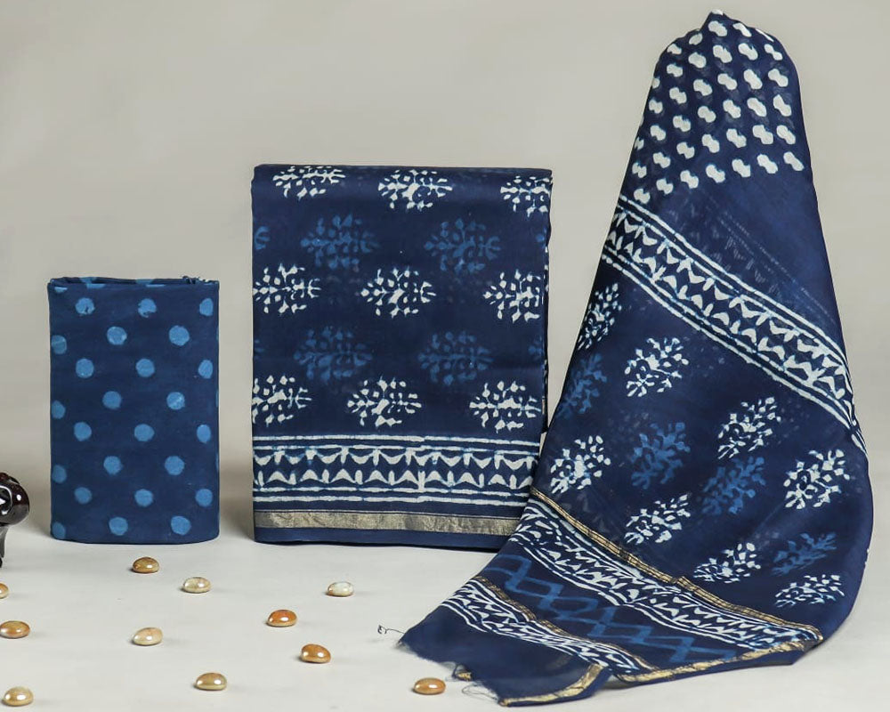 Indigo Exclusive Hand Block Print Chanderi Silk Suit Set ( CN6109)