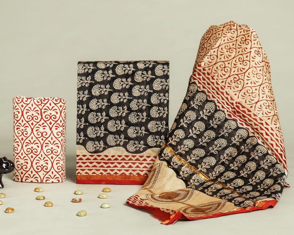 Exclusive Hand Block Print Chanderi Silk Suit Set ( CN1410)