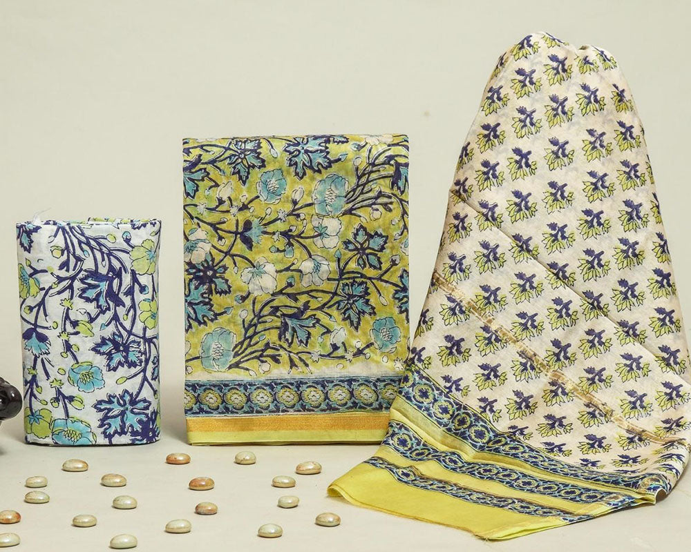 Exclusive Hand Block Print Chanderi Silk Suit Set ( CN92510)