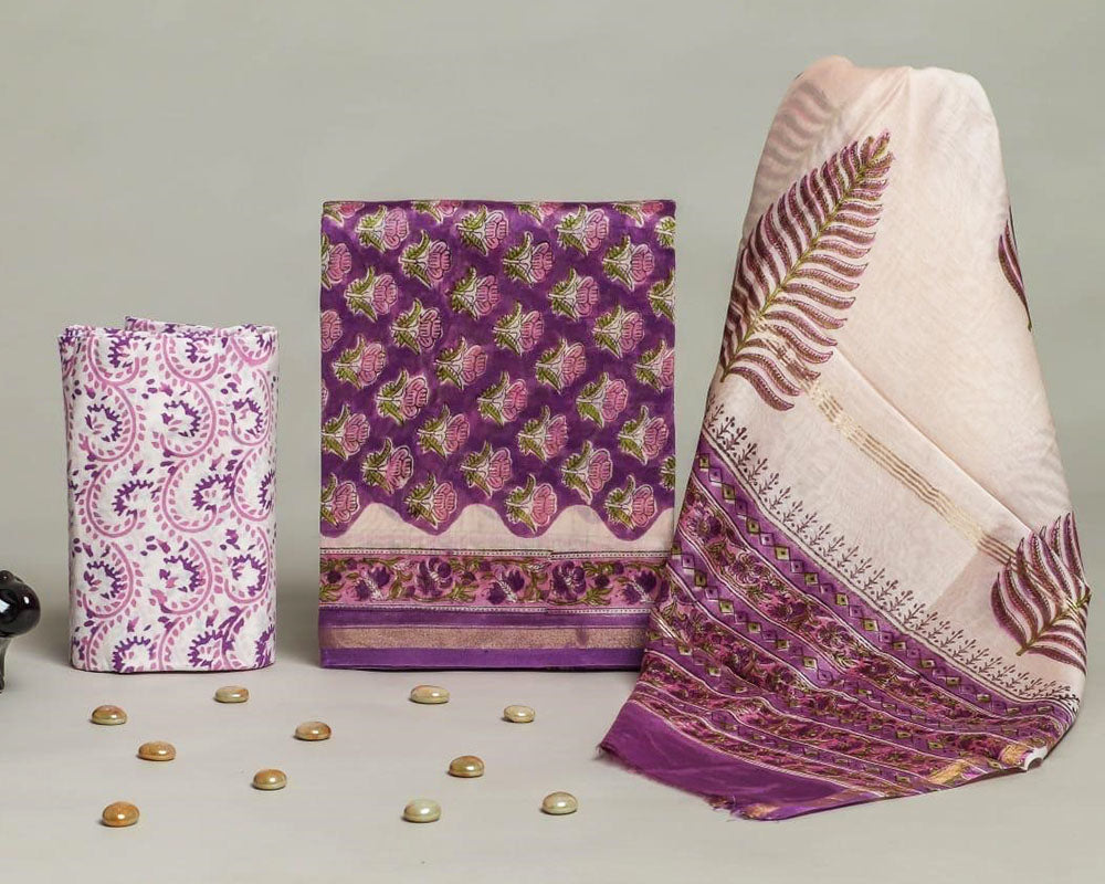 Exclusive Hand Block Print Chanderi Silk Suit Set ( CN92511)