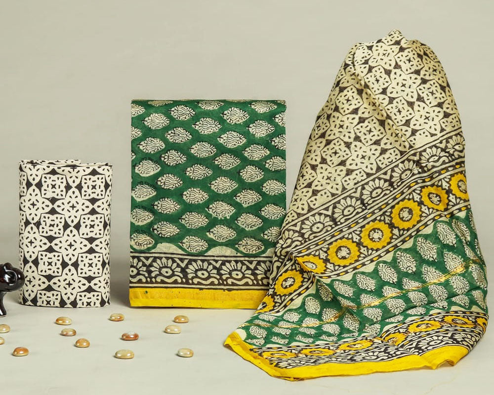 Exclusive Hand Block Print Chanderi Silk Suit Set ( CN61011)