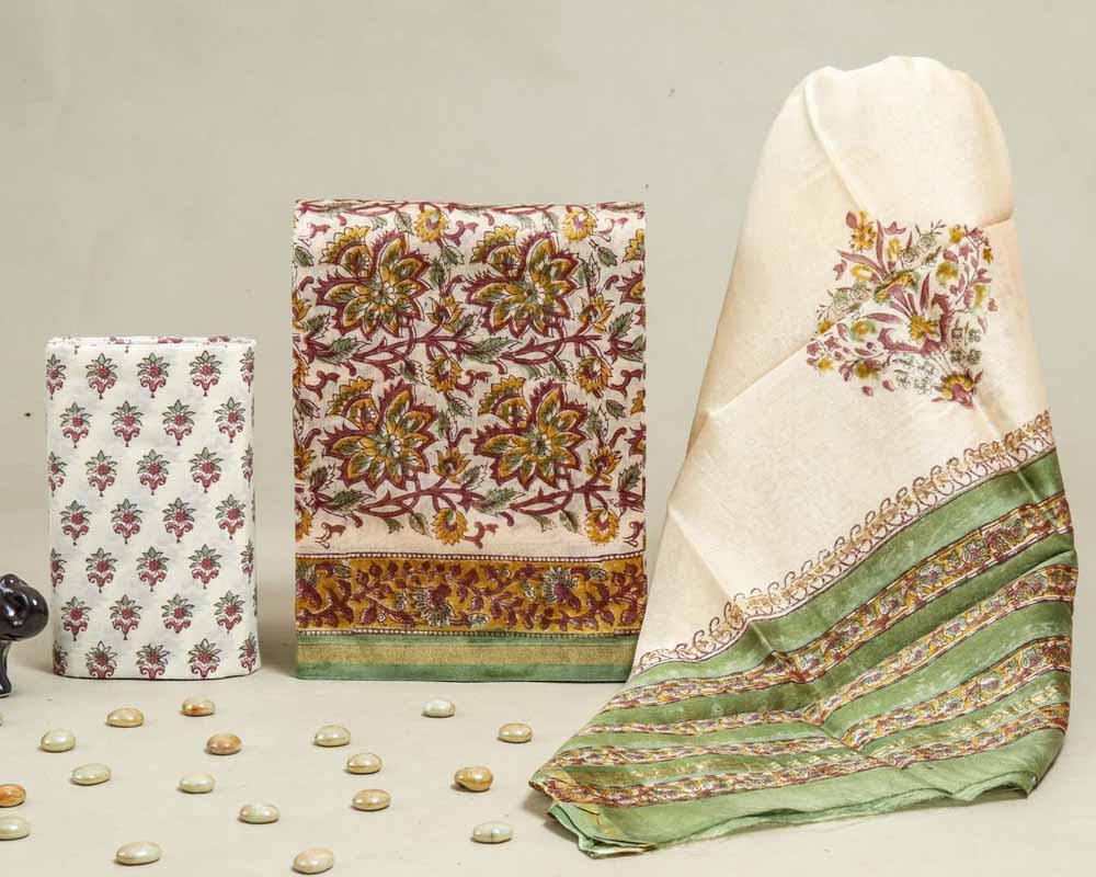Exclusive Hand Block Print Chanderi Silk Suit Set ( CN25414)