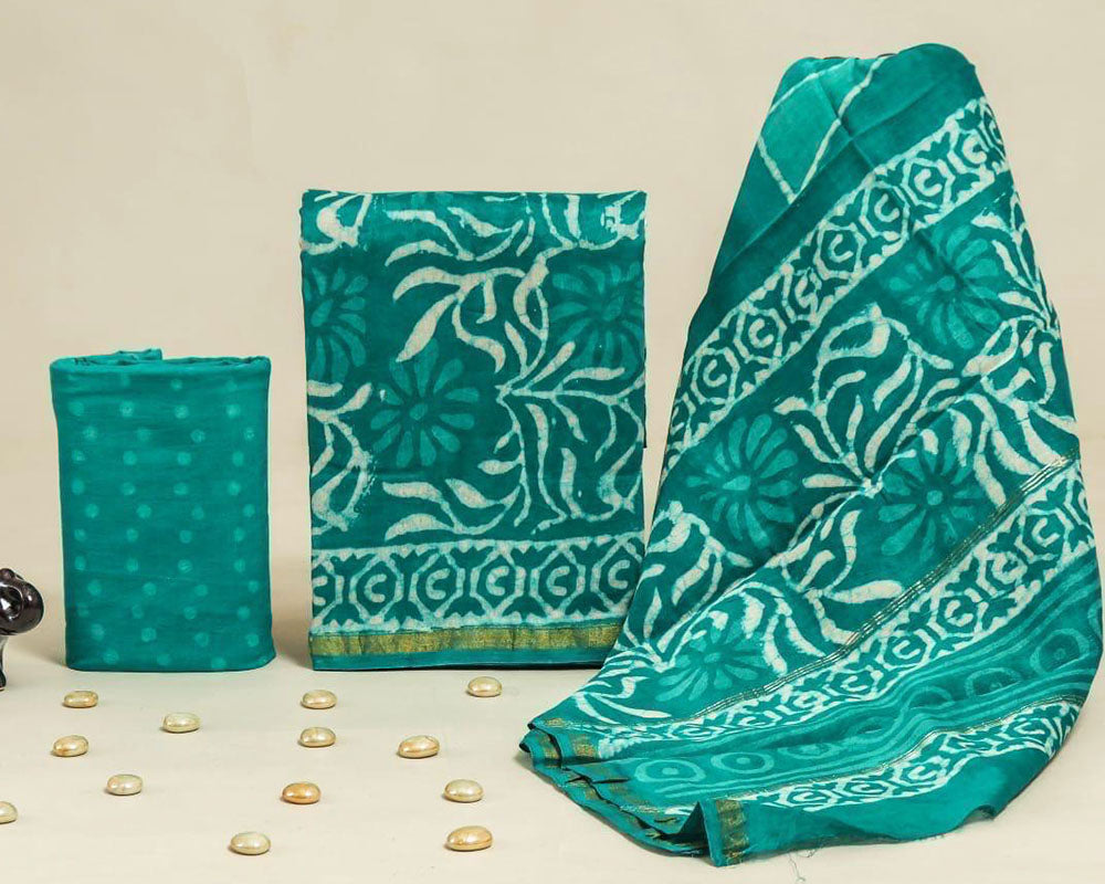 Exclusive Hand Block Print Chanderi Silk Suit Set ( CN133018)