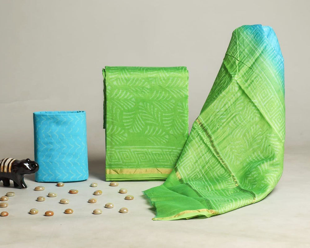 Exclusive Hand Block Print Chanderi Silk Suit Set ( CN1001)