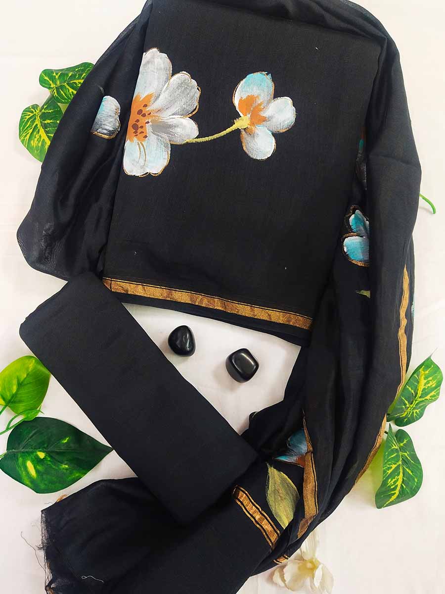 Exclusive Hand Block Print Chanderi Silk Suit Set ( BTSJ 909)