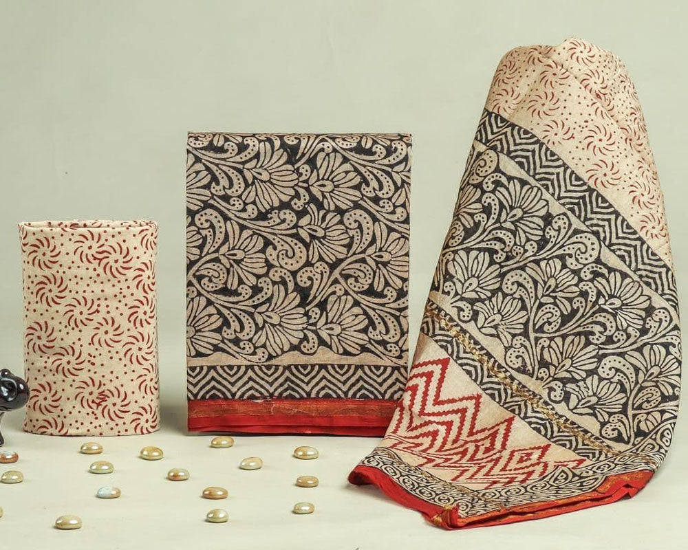 Exclusive Hand Block Print Chanderi Silk Suit Set ( CN24401)
