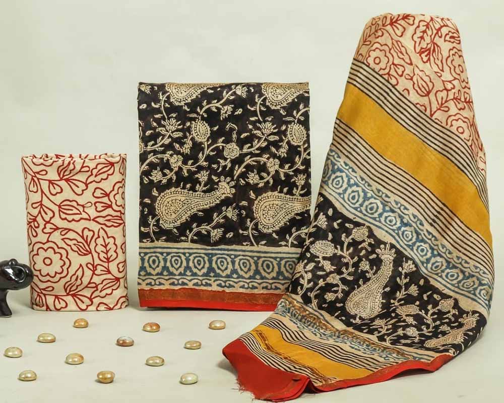 Exclusive Hand Block Print Chanderi Silk Suit Set ( CN19901)