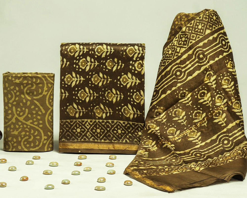 Exclusive Hand Block Print Chanderi Silk Suit Set ( CN92501)
