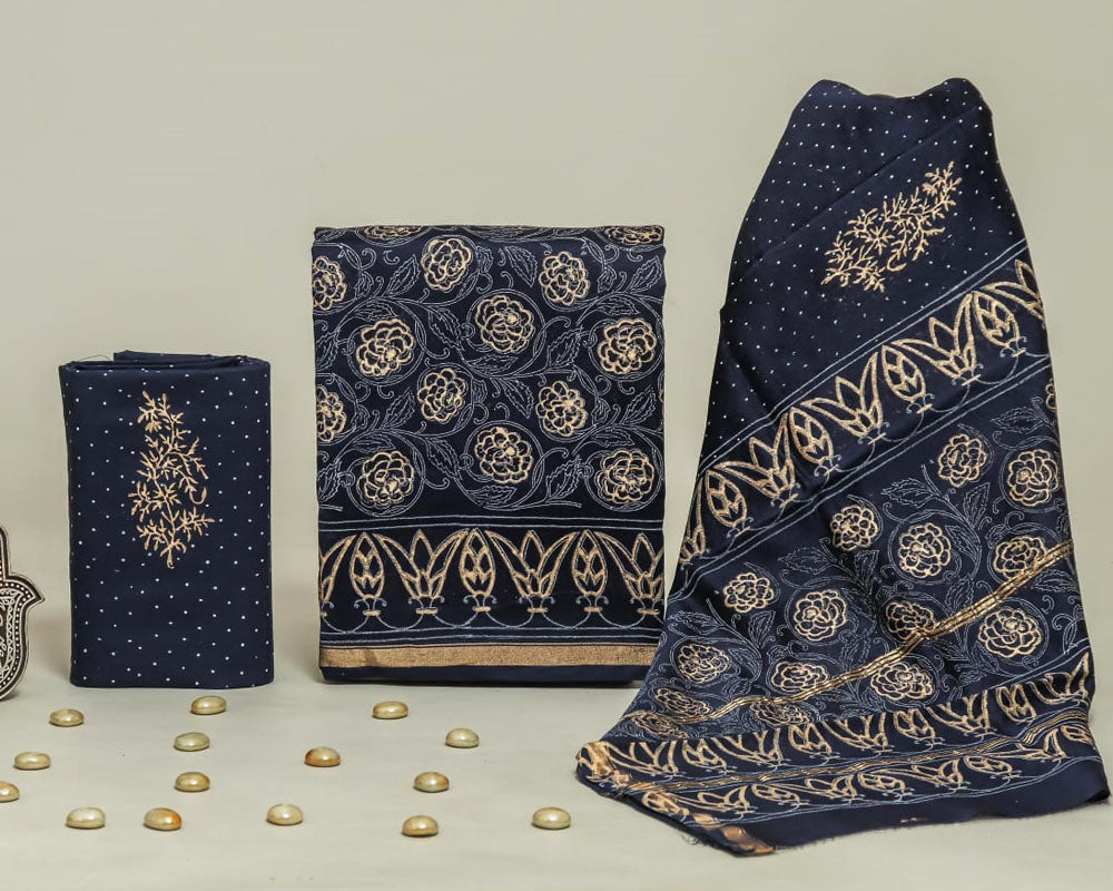 Exclusive Hand Block Print Chanderi Silk Suit Set ( CN11061)