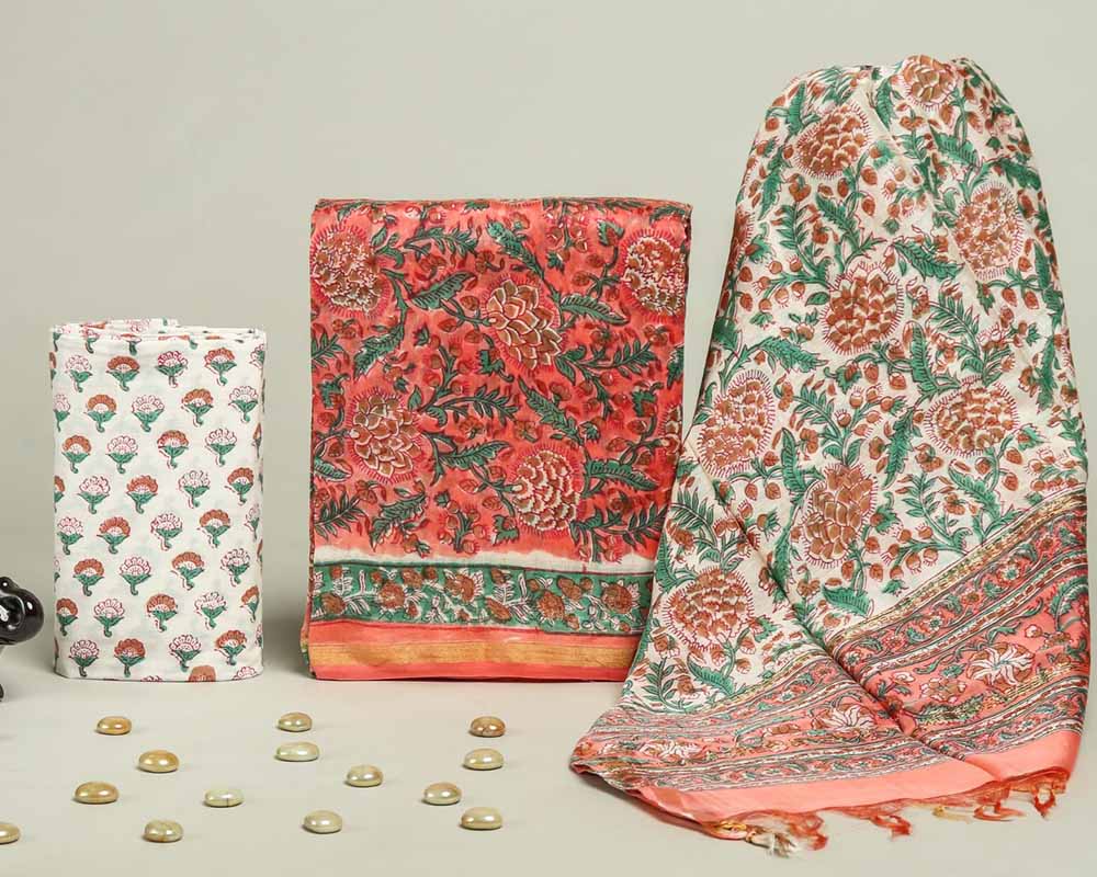 Exclusive Hand Block Print Chanderi Silk Suit Set ( CN090820)