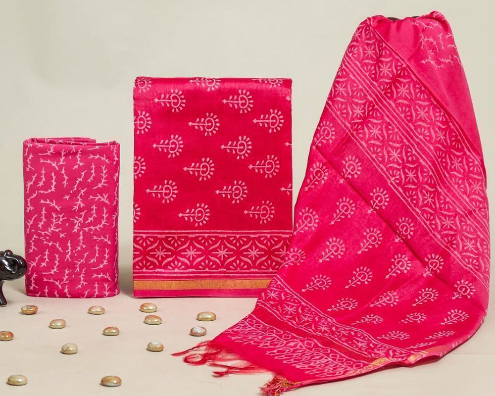 Exclusive Hand Block Print Chanderi Silk Suit Set ( CN133025)
