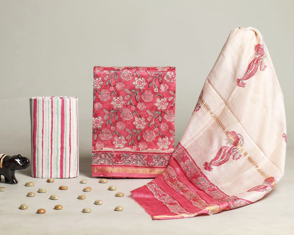 Exclusive Hand Block Print Chanderi Silk Suit Set ( CN240202)