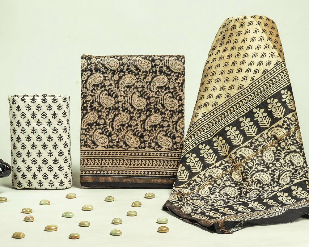 Exclusive Hand Block Print Chanderi Silk Suit Set ( CN1002)