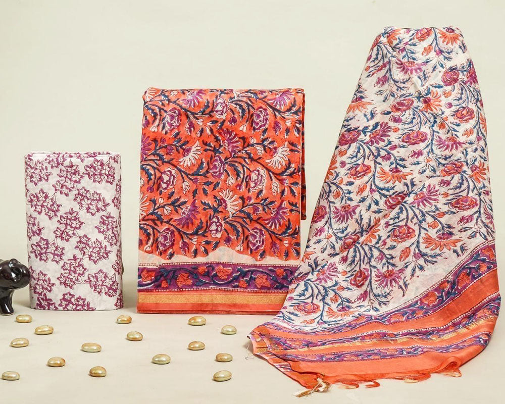Exclusive Hand Block Print Chanderi Silk Suit Set ( CN13302)