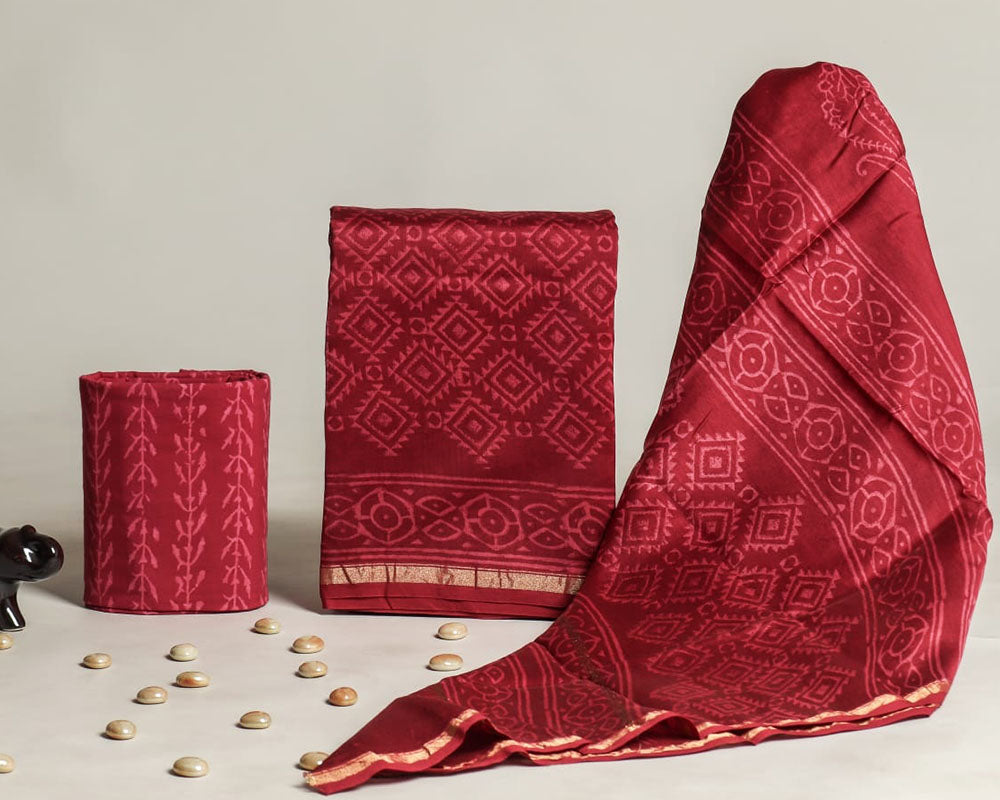 Exclusive Hand Block Print Chanderi Silk Suit Set ( CN1462)