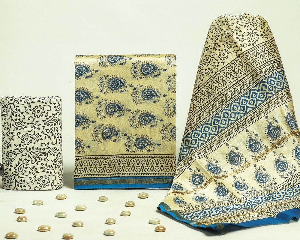 Exclusive Hand Block Print Chanderi Silk Suit Set ( CN1003)