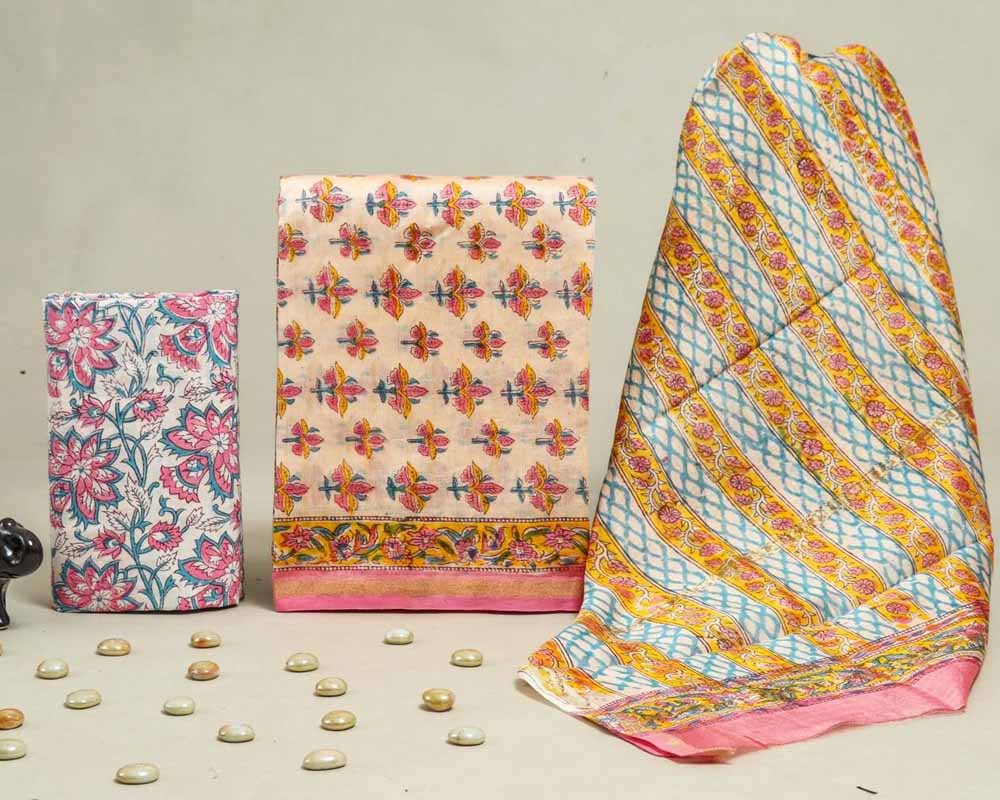 Exclusive Hand Block Print Chanderi Silk Suit Set ( CN25403)