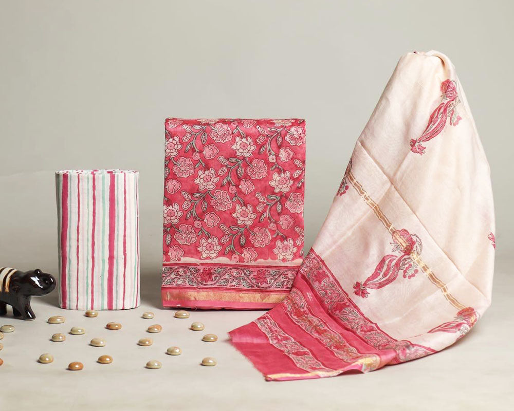 Exclusive Hand Block Print Chanderi Silk Suit Set ( CN13303)